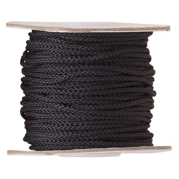 Cord, nylon, black, 2mm round. Sold per 100-foot spool. image number 0