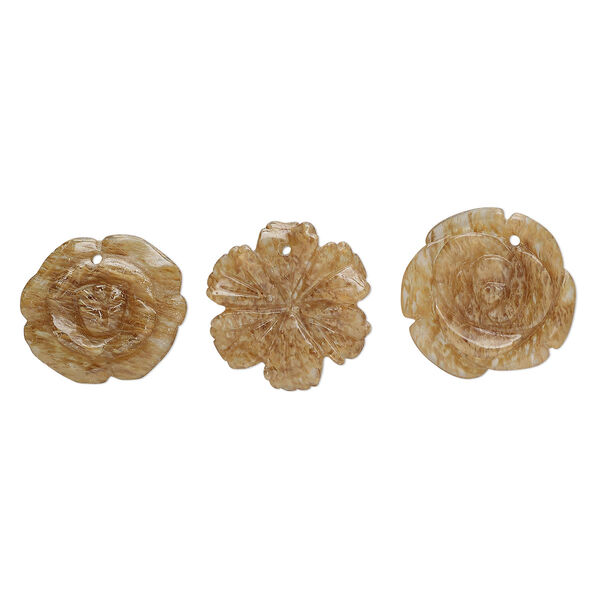 Drop mix, tigerskin glass, opaque, 24x21mm-26x26mm top-drilled carved flower. Sold per pkg of 3. image number 0