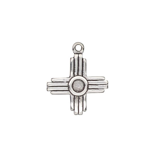 Drop, antiqued sterling silver, 17mm single-sided Zia symbol. Sold individually. image number 0