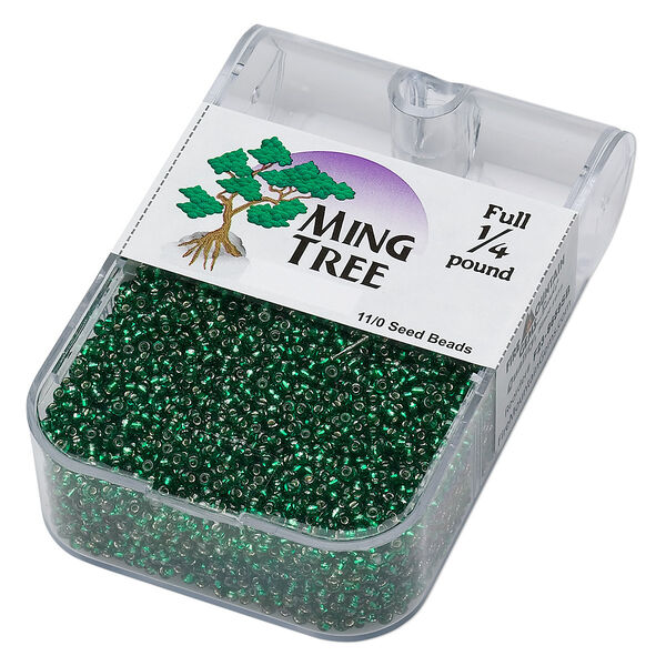 Seed bead, Ming Tree™, glass, pkg/1/4 pound, #11 round, transparent silver-lined emerald green. image number 0