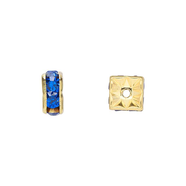 Bead, glass rhinestone and gold-finished brass, sapphire blue, 8x4mm squaredelle. Sold per pkg of 10. image number 0