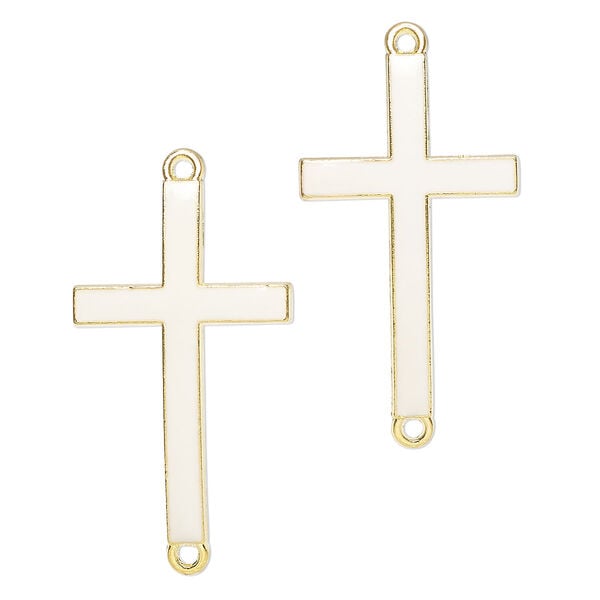Focal, "pewter" (zinc-based alloy) and enamel, pkg/2, 42x23mm-44x23mm curved cross with 2 loops, gold finish and white. image number 0