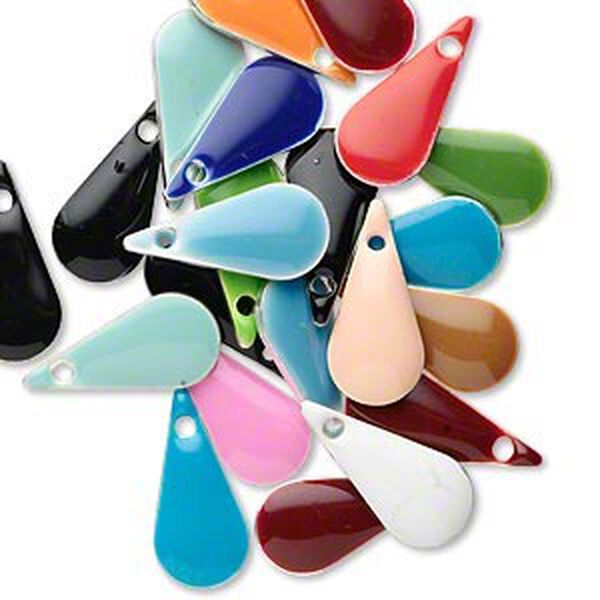 Drop mix, epoxy and silver-plated brass, mixed colors, 15x7mm double-sided teardrop. Sold per pkg of 40. image number 0