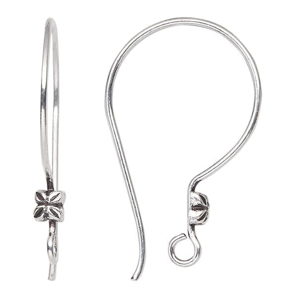 Ear wire, antiqued sterling silver, 28mm French style with 5mm flower and open loop, 19 gauge. Sold per pair. image number 0