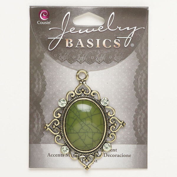Focal, acrylic, pkg/1, antique gold finish/green/light green, 53x48mm fancy oval. image number 0