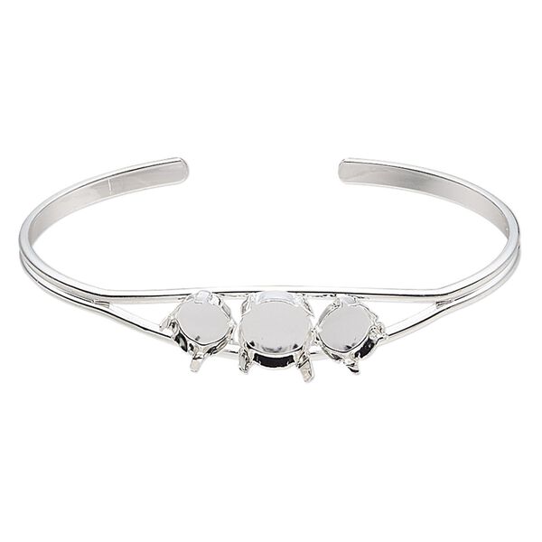 Bracelet, cuff, silver-finished brass, 11mm wide with (1) SS47 4-prong rivoli setting and (2) SS39 4-prong rivoli settings, 8 inches. Sold individually. image number 0