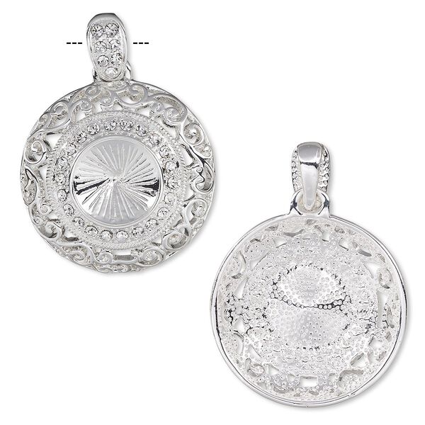 Pendant, Almost Instant Jewelry®, crystals and silver-plated "pewter" (zinc-based alloy), crystal clear, 32mm round with swirl cutout design and 14mm rivoli setting. Sold individually. image number 0