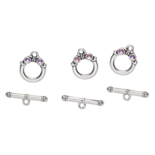 Clasp, toggle, "pewter" (zinc-based alloy) and crystal, pkg/3, 15mm round, antique silver finish and clear AB. image number 0