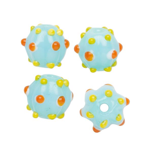 Bead, lampworked glass, opaque aqua / orange / yellow, 15x13mm fluted round. Sold per pkg of 4. image number 0