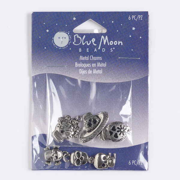 Charm and link mix, antique silver-finished "pewter" (zinc-based alloy), 12x11mm-27x10mm mixed skulls. Sold per pkg of 6. image number 0