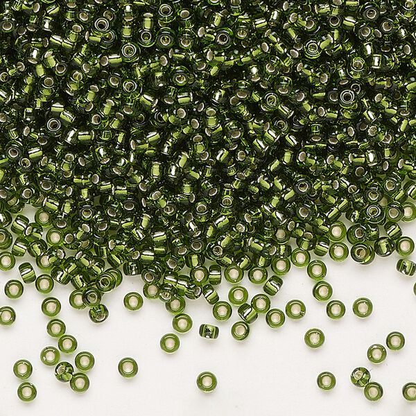 Seed bead, Miyuki, glass, pkg/250g, #11 rocaille, transparent silver-lined olive green (RR-26). image number 0