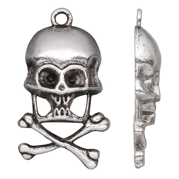 Focal, antique silver-plated "pewter" (zinc-based alloy), 35x23mm single-sided skull and crossbones. Sold per pkg of 10. image number 0