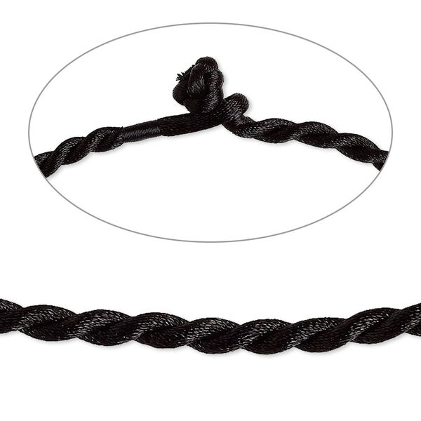 Necklace cord, satin-finished nylon, black, 5mm smooth twist, 18 inches with knot closure. Sold per pkg of 2. image number 0