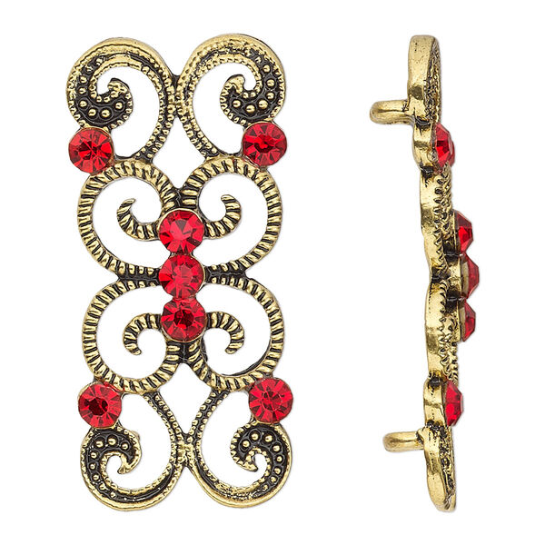 Spacer, antiqued gold-finished "pewter" (zinc-based alloy) and Czech glass rhinestone, light Siam, 37x16mm 2-strand fancy rectangle. Sold per pkg of 4. image number 0