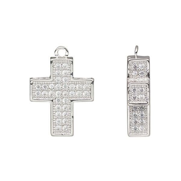 Drop, cubic zirconia and silver-finished brass, clear, 19x15.5mm single-sided cross. Sold individually. image number 0