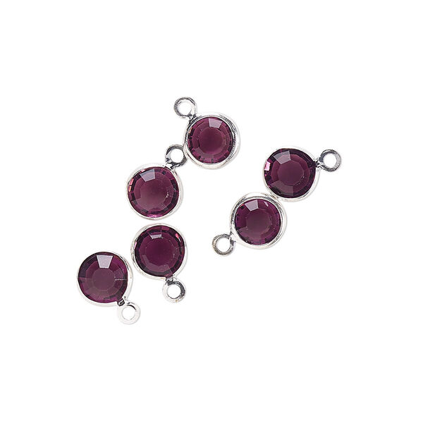 Drop, glass rhinestone and silver-finished brass, amethyst purple, 6-6.5mm faceted round. Sold per pkg of 6. image number 0