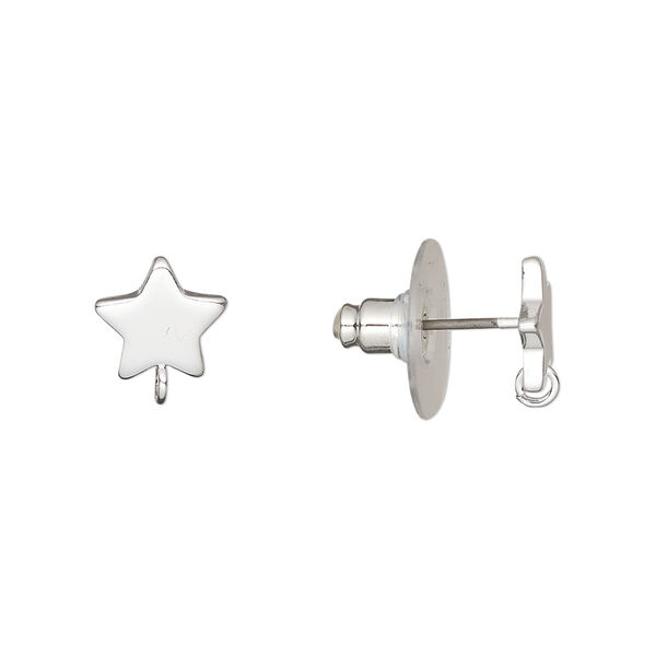 Earstud, silver-plated steel and stainless steel, 9x9mm star with closed loop. Sold per pkg of 2 pairs. image number 0
