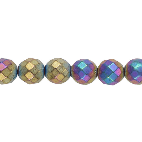 Bead, electroplated Hemalyke™, matte rainbow, 8mm faceted round. Sold per 15-1/2" to 16" strand. image number 0