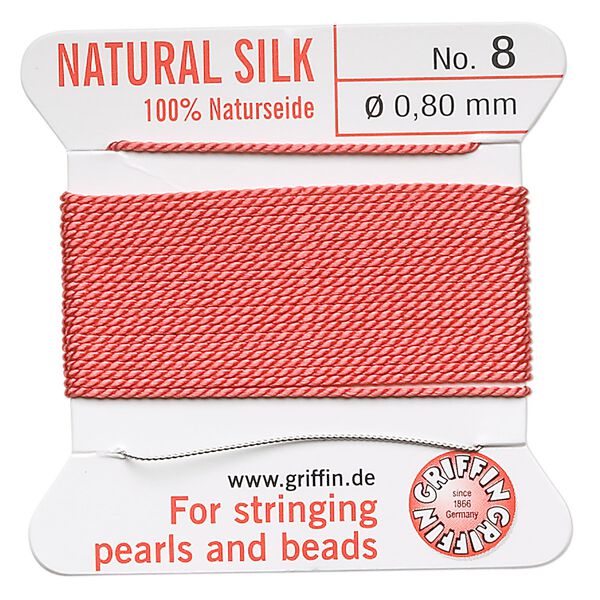 Thread, Griffin, silk, coral, size #8. Sold per 2-meter card (approximately 78 inches). image number 0