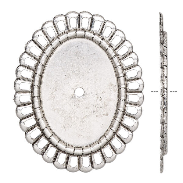 Mount, antique silver-finished brass, 37x30mm fancy oval with rope edge and 25x18mm oval setting. Sold per pkg of 6. image number 0