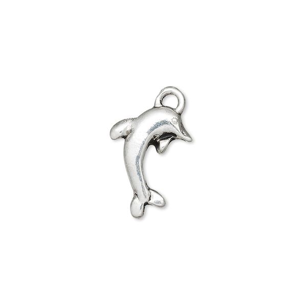 Charm, antique silver-finished "pewter" (zinc-based alloy), 16x12mm dolphin. Sold per pkg of 10. image number 0
