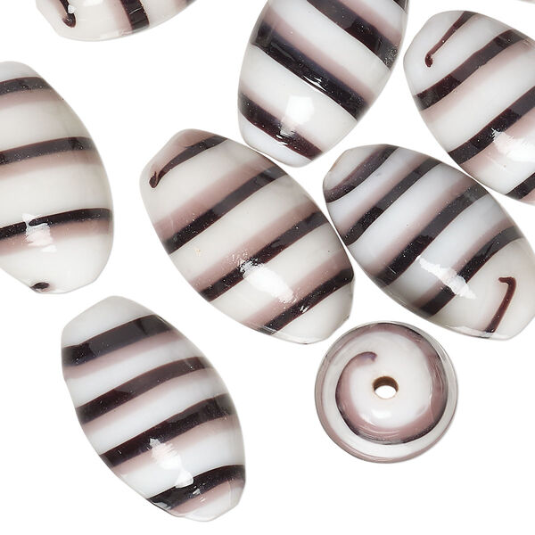 Bead, lampworked glass, opaque black / purple / white, 20x11mm oval. Sold per pkg of 10. image number 0