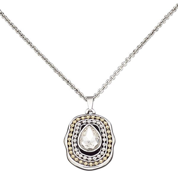 Necklace, glass rhinestone / antiqued silver-coated plastic / gold- / silver-finished brass / antiqued silver-finished steel / "pewter" (zinc-based alloy), clear, 30x26mm oval, 16 inches with 3-inch extender chain and lobster claw clasp. Sold individually. image number 0