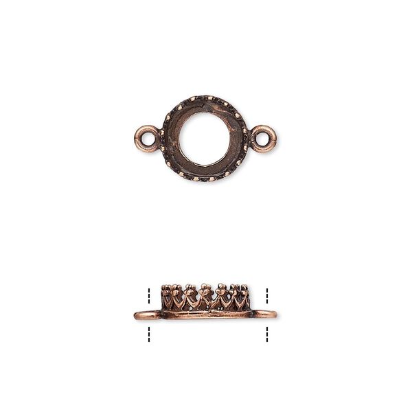 Link, JBB Findings, antique copper-plated brass, 9mm round with open back and decorative trim, 8mm round bezel setting. Sold per pkg of 2. image number 0