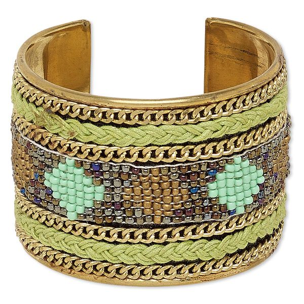 Bracelet, cuff, polyester / glass / brass, iridescent multicolored, 52mm wide with diamond design, 7 inches. Sold individually. image number 0