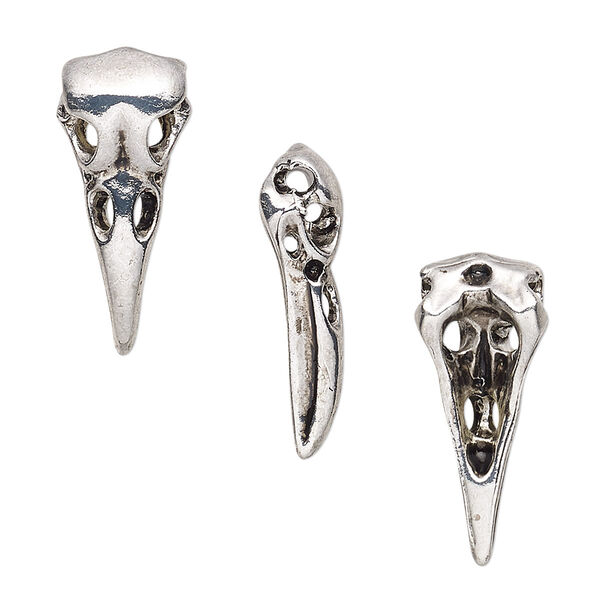 Charm, antique silver-finished "pewter" (zinc-based alloy), 23x10mm double-sided 3D raven skull. Sold per pkg of 4. image number 0