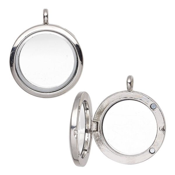 Pendant, glass and imitation rhodium-plated "pewter" (zinc-based alloy), clear, 35x29mm round float locket with 22x4mm inside diameter and magnetic closure. Sold individually. image number 0