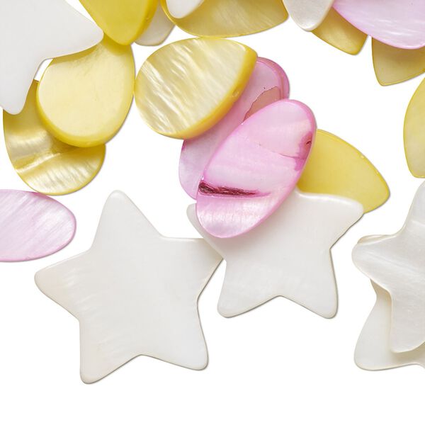 Bead mix, mother-of-pearl shell (dyed), multicolored, 14-36mm assorted shapes. Sold per (3) 15" to 16" strands. image number 0