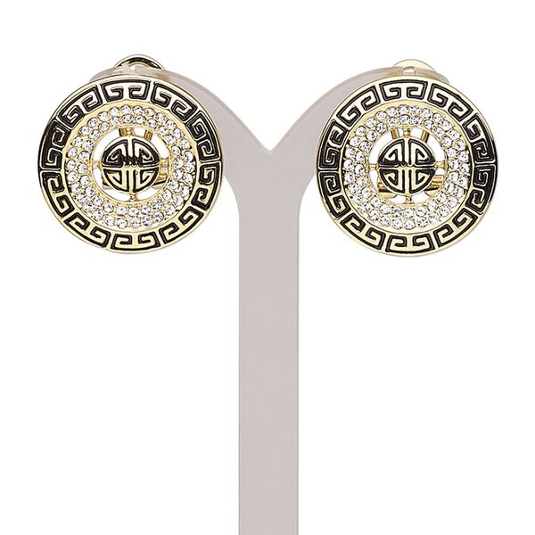 Earring, Austrian crystal / enamel / stainless steel / gold-finished brass / "pewter" (zinc-based alloy), black and clear, 24mm round with Greek key design and post with latch-back closure. Sold per pair. image number 0