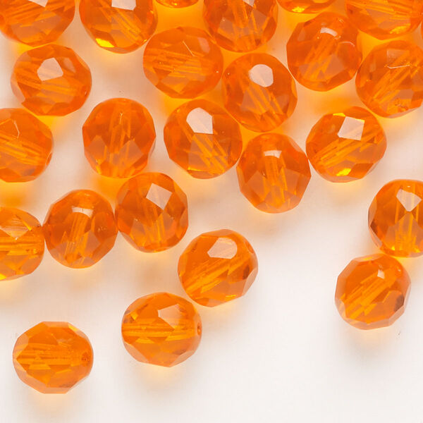 Bead, Czech fire-polished glass, translucent dark orange, 8mm faceted round. Sold per pkg of 50. image number 0