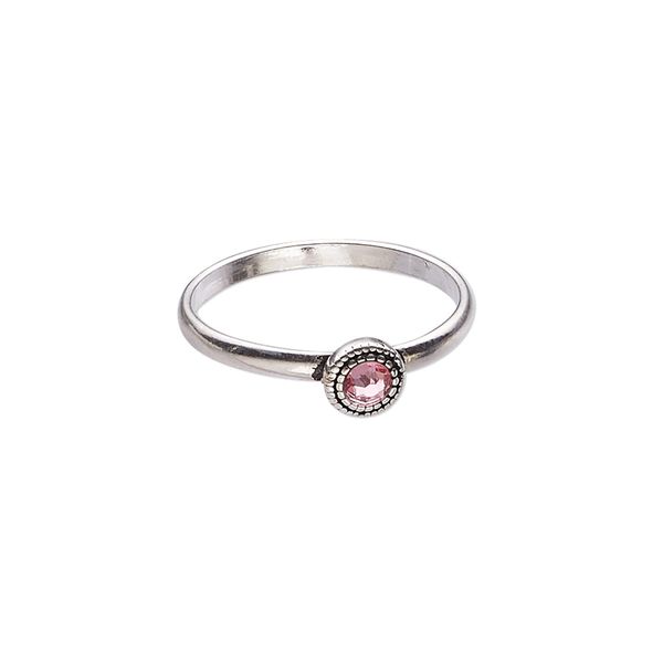 Ring, antiqued sterling silver and glass rhinestone, pink, 5.5mm wide with round and twisted rope design, size 6.5. Sold individually. image number 0