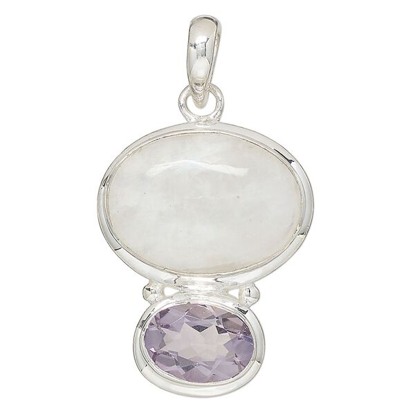 Pendant, lavender amethyst / rainbow moonstone (natural) / sterling silver, 35x28mm oval. Sold individually. image number 0