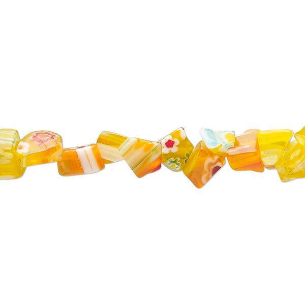 Bead, millefiori glass, translucent yellow / orange / multicolored, small chip. Sold per 32-inch strand. image number 0
