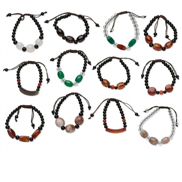 Mixed agate / waxed cotton 1pkg12, bracelet mix adjustable 5-7.5 inch macramé closure mixed size image number 0