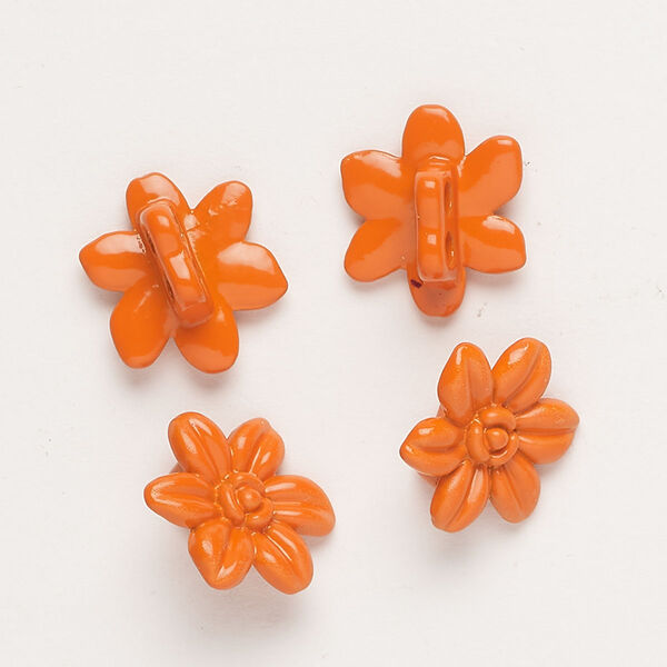Spacer bar, "pewter" (zinc-based alloy) and enamel, orange, 14x12mm 2-strand flower, fits up to 4mm beads. Sold per pkg of 4. image number 0