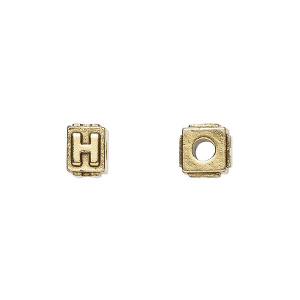 Bead, antique gold-plated pewter (tin-based alloy), 8x6mm rectangle with alphabet letter "H." Sold per pkg of 4. image number 0