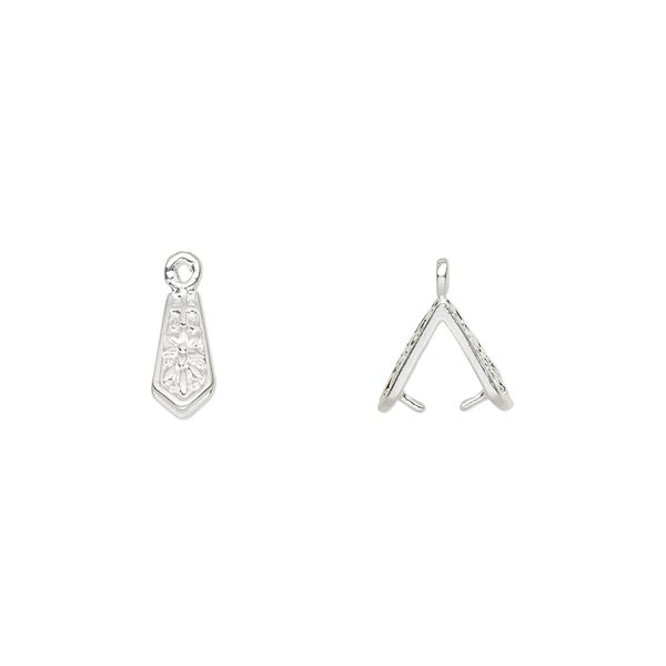 Bail, ice-pick, silver-plated brass, 9x4mm with flower design, 5mm grip length. Sold per pkg of 6. image number 0