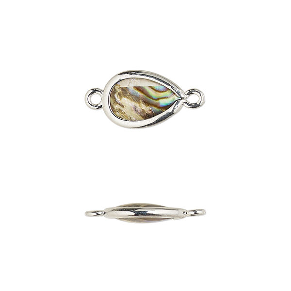 Link, paua shell and imitation rhodium-finished brass (assembled), 13x8mm-14x9mm double-sided teardrop. Sold per pkg of 4. image number 0