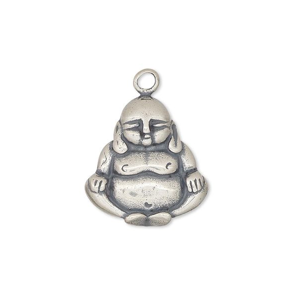 Drop, sterling silver, 19x18mm single-sided Buddha. Sold individually. image number 0