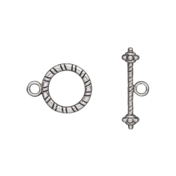 Clasp, toggle, antique silver-plated "pewter" (zinc-based alloy), 13mm double-sided round. Sold per pkg of 20. image number 0