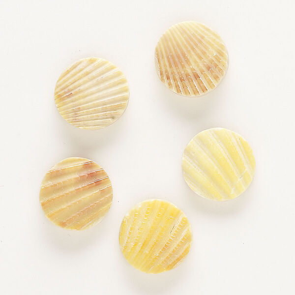 Bead, scallop shell (assembled) and resin, opaque yellow, 20mm textured flat round. Sold per pkg of 5. image number 0