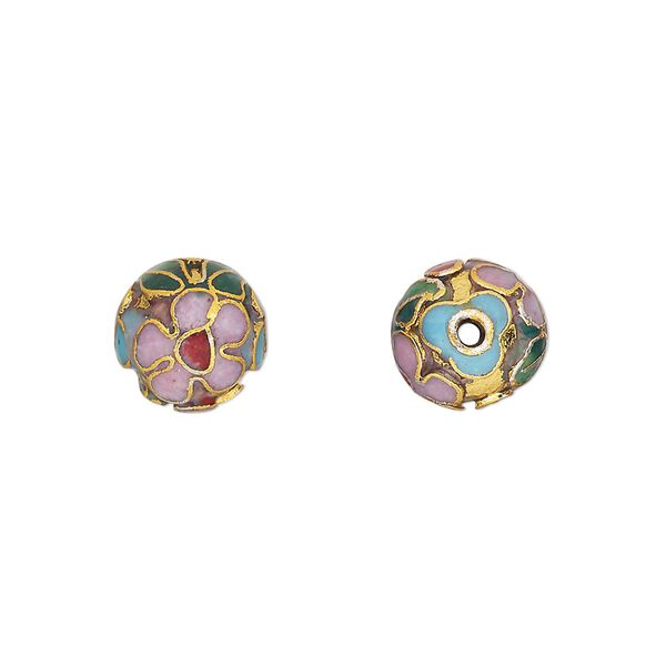 Bead, cloisonné, enamel and gold-finished copper, light blue and multicolored, 10mm round with flower design. Sold per pkg of 10. image number 0