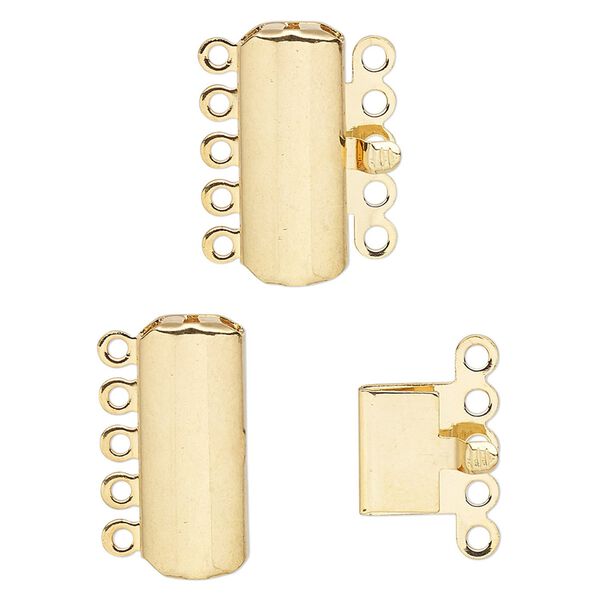Clasp, 5-strand tab, gold-plated brass, 19x8mm curved rectangle. Sold per pkg of 10. image number 0
