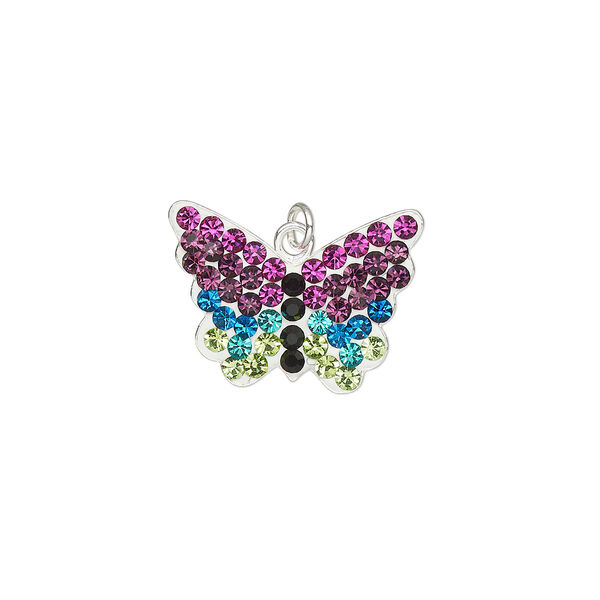 Charm, cubic zirconia / epoxy / sterling silver, multicolored, 16x12mm single-sided butterfly with 3mm closed jump ring. Sold individually. image number 0