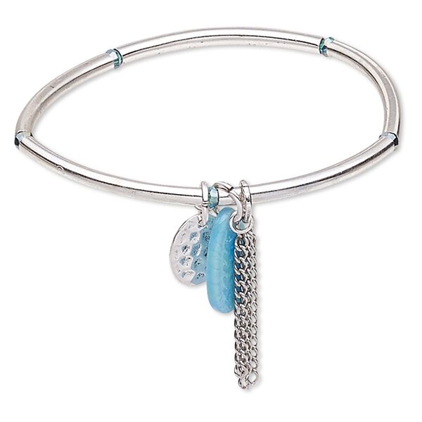 Bracelet, stretch, glass / resin / silver-finished steel / "pewter" (zinc-based alloy), blue and green, 3mm wide with 1-1/4 inch dangle and oval, 6-1/2 inches. Sold individually. image number 0