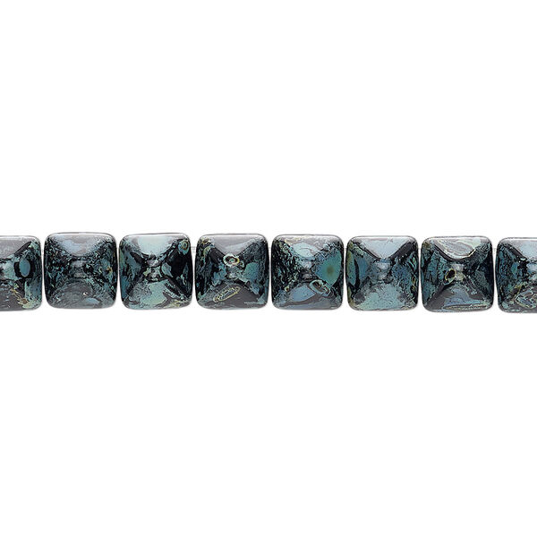 Spacer, Preciosa, Czech pressed glass, opaque black / blue / green tortoise, 6x6x7mm 2-strand pyramid, fits up to 3mm bead. Sold per 8-inch strand, approximately 30 spacers. image number 0